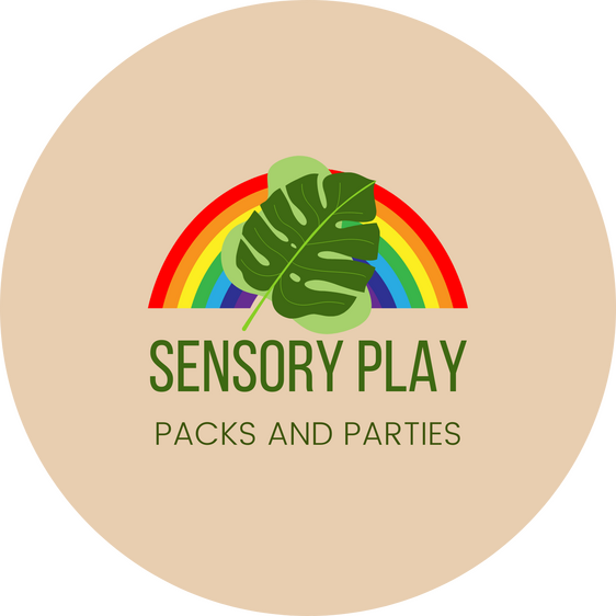 Sensory Play Packs & Parties logo, showcasing a rainbow and green leaf